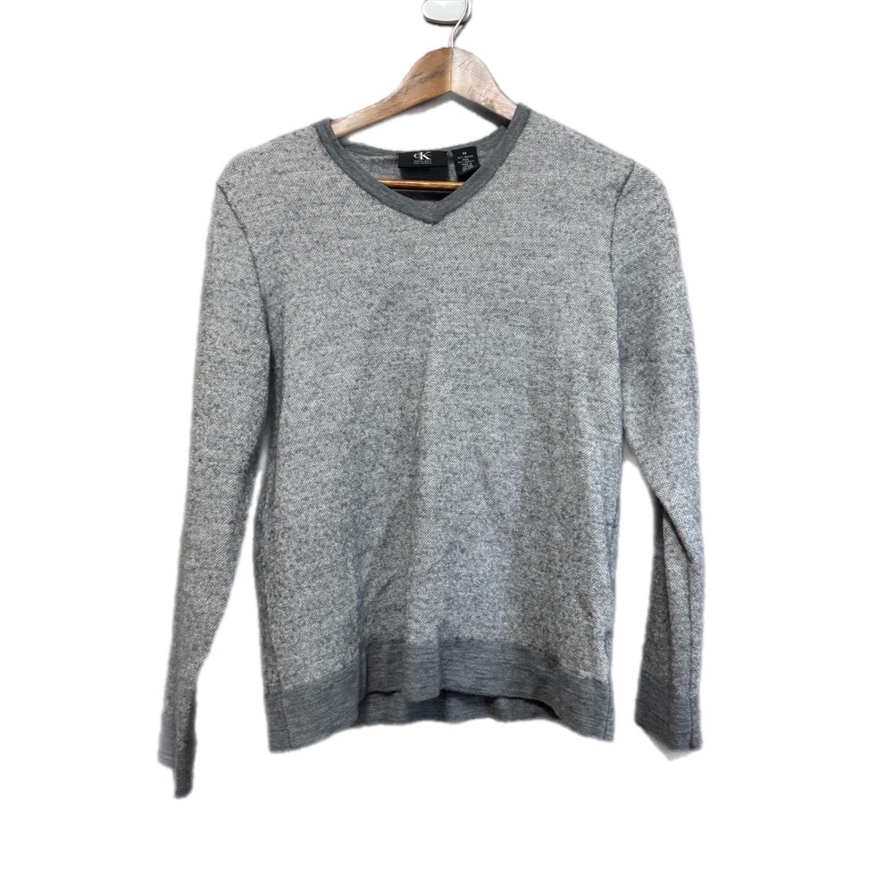 Calvin Klein V-Neck Sweater Mens Medium Gray Excellent Merino Wool Italian Yarn